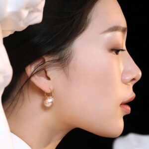Vintage Gold Pearl Earrings S925 Sterling Silver 14mm Round Pearl Elegant Everyday Jewelry